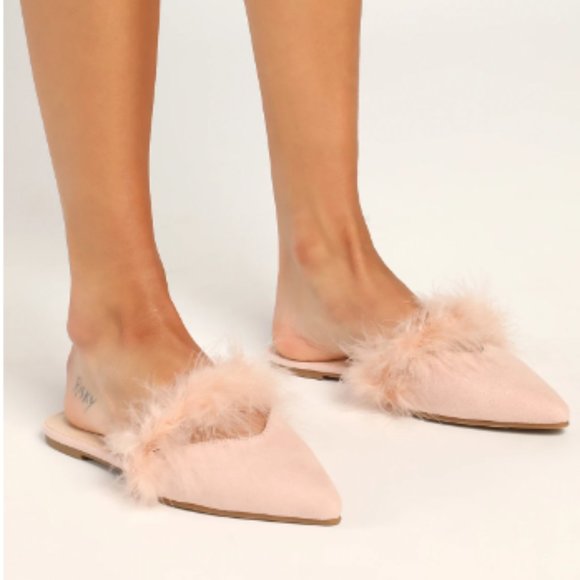 Lulus Shoes - Lulus Women's Fazana Blush Suede Feather Pointed-Toe Mule Slides